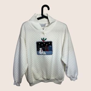 ☃️ VINTAGE JANTZEN SNOWMAN WINTER UGLY CHRISTMAS QUILTED SWEATSHIRT SMALL